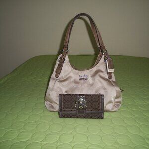 Coach Beige Signature Satin Shoulder Bag with Brown Canvas Wallet